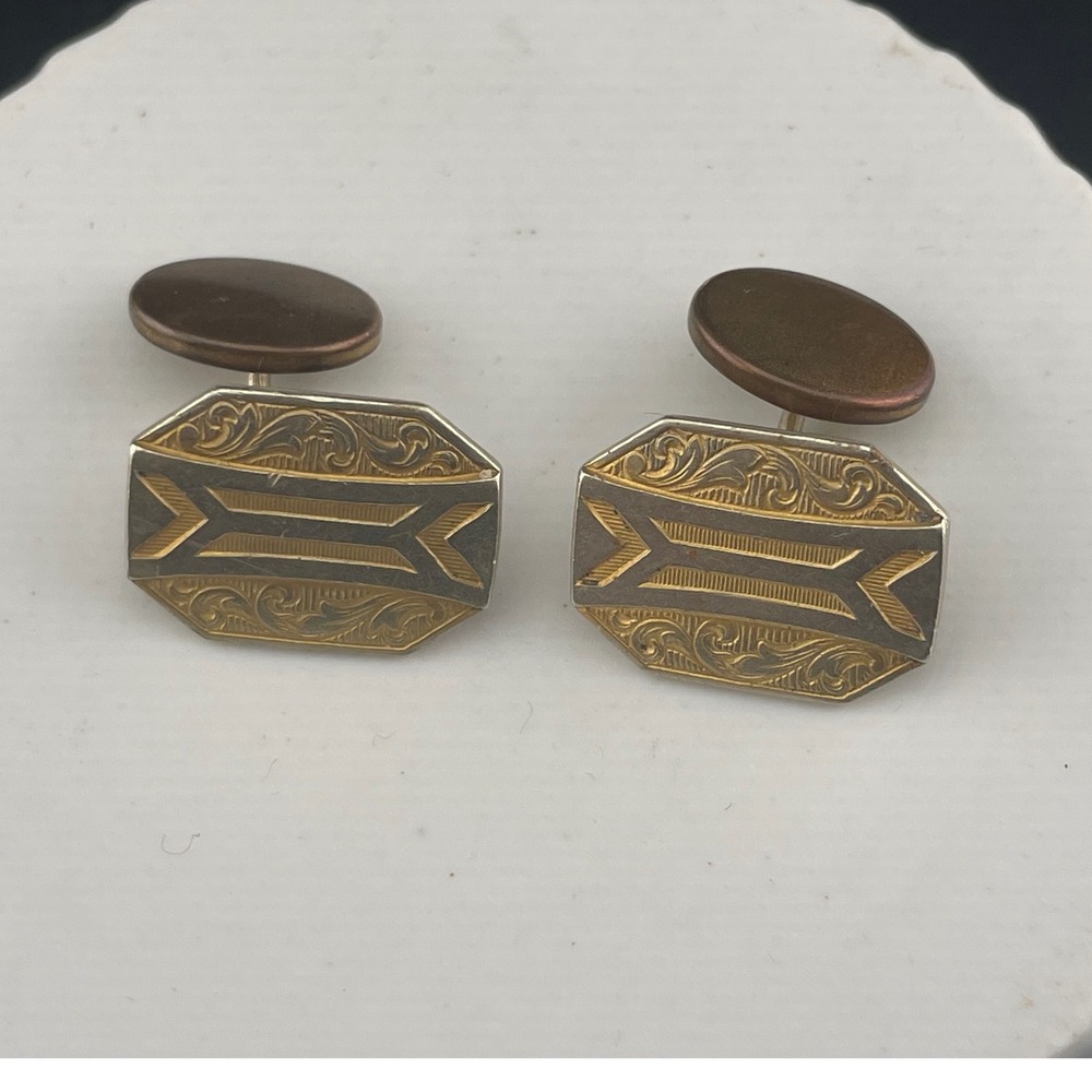 Gold Filled Art Deco Cufflinks Two Tone Etched Engine Turn Geometric Swivel Back